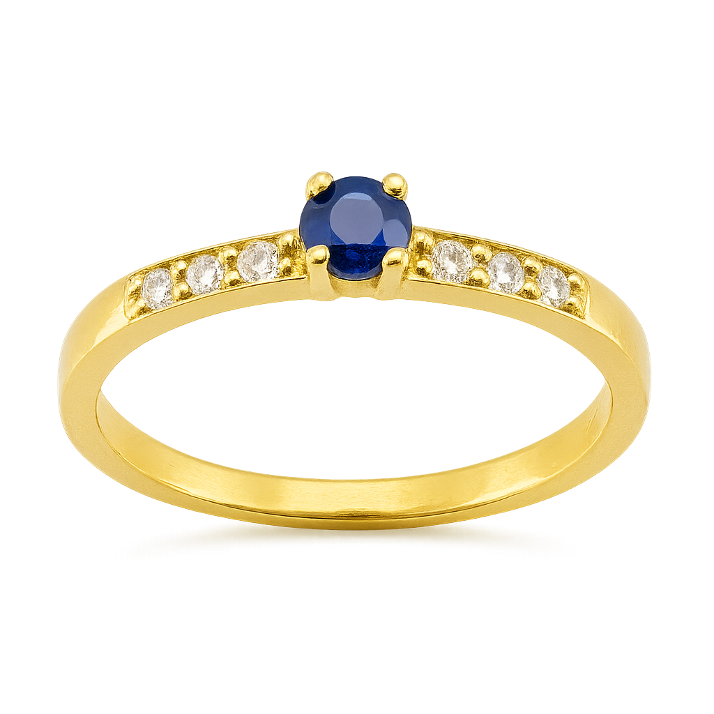 Anillo con Diamantes y Zafiro 0.14 cts en Oro amarillo 18K
