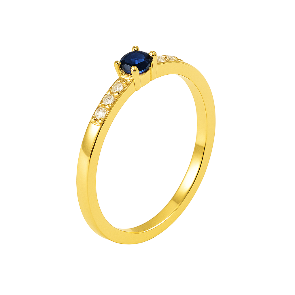 Anillo con Diamantes y Zafiro 0.14 cts en Oro amarillo 18K