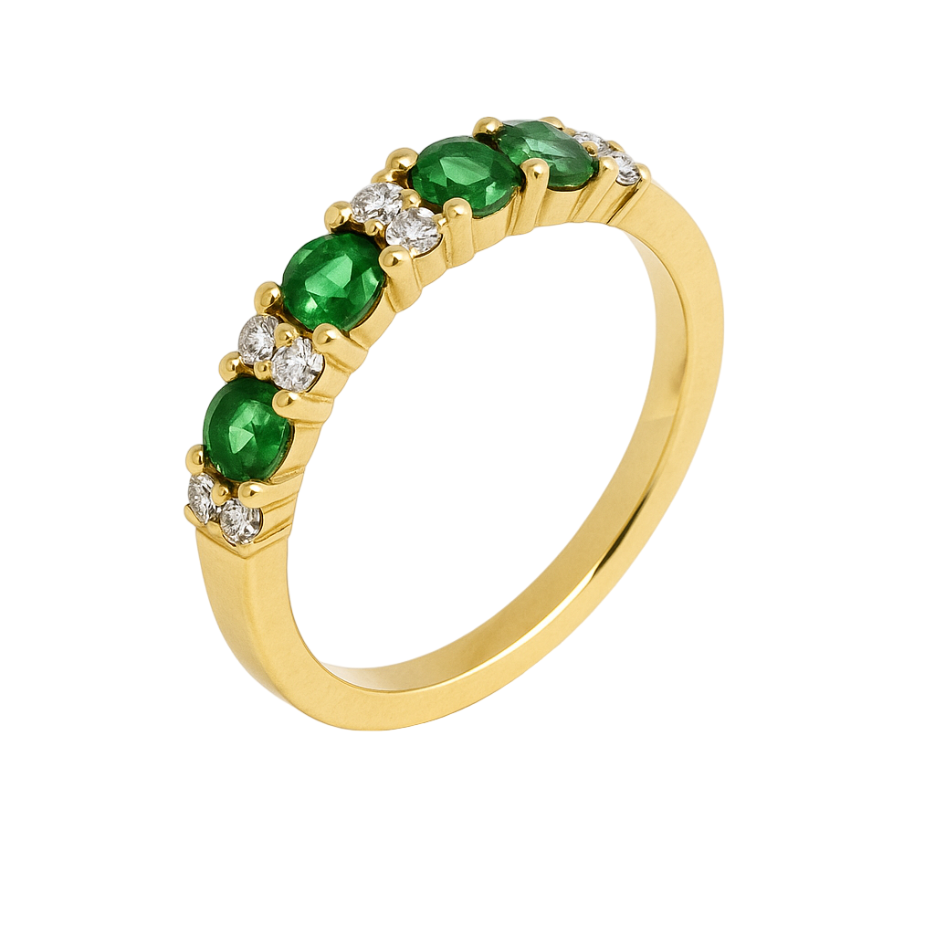 Anillo con Diamantes y Esmeralda 0.65 cts en Oro amarillo 18K