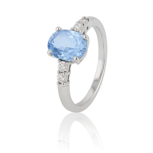 Anillo con Diamantes y Aguamarina 0.18 cts en Oro blanco 18K