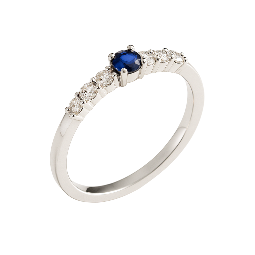 Anillo con Diamantes y Zafiro 0.14 cts en Oro blanco 18K