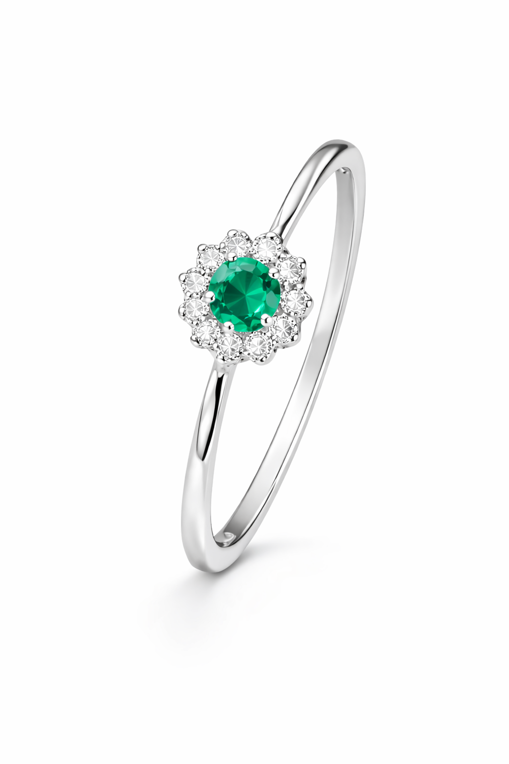 anillo de oro blanco con esmeralda y diamantes