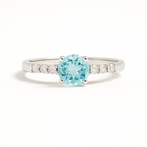 Anillo con Diamantes y Aguamarina 0.15 cts en Oro blanco 18K