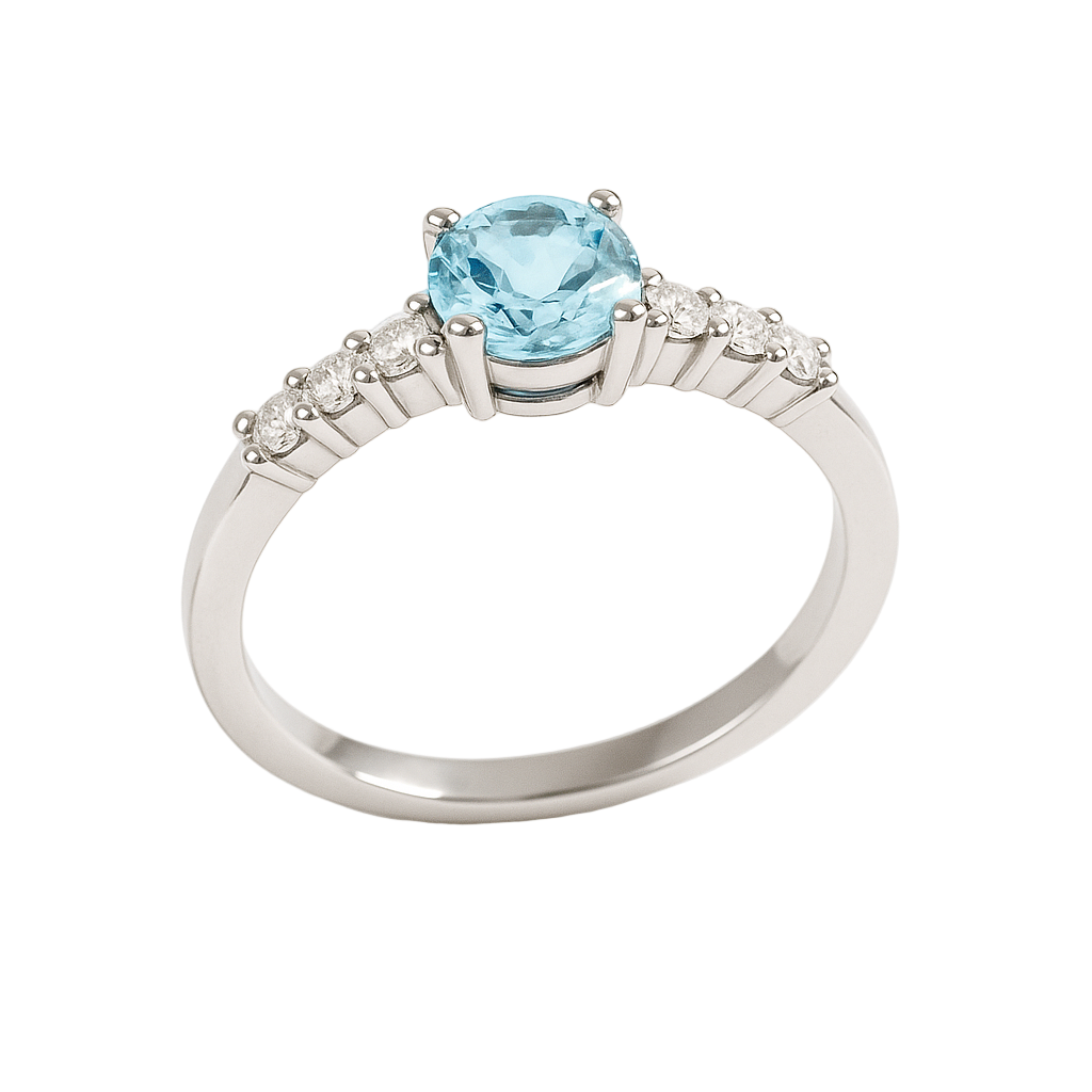 Anillo con Diamantes y Aguamarina 0.15 cts en Oro blanco 18K