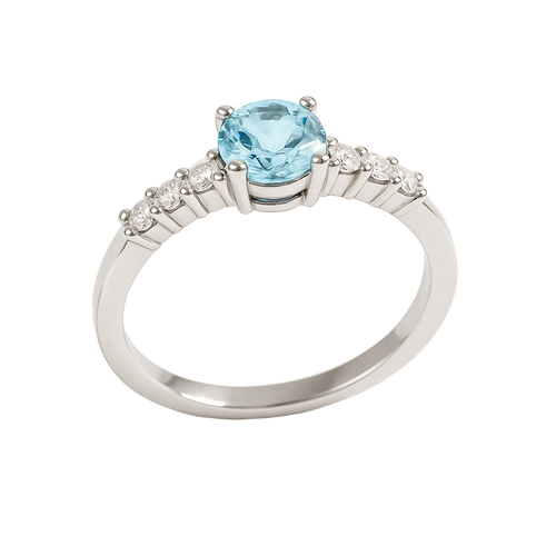 Anillo con Diamantes y Aguamarina 0.15 cts en Oro blanco 18K