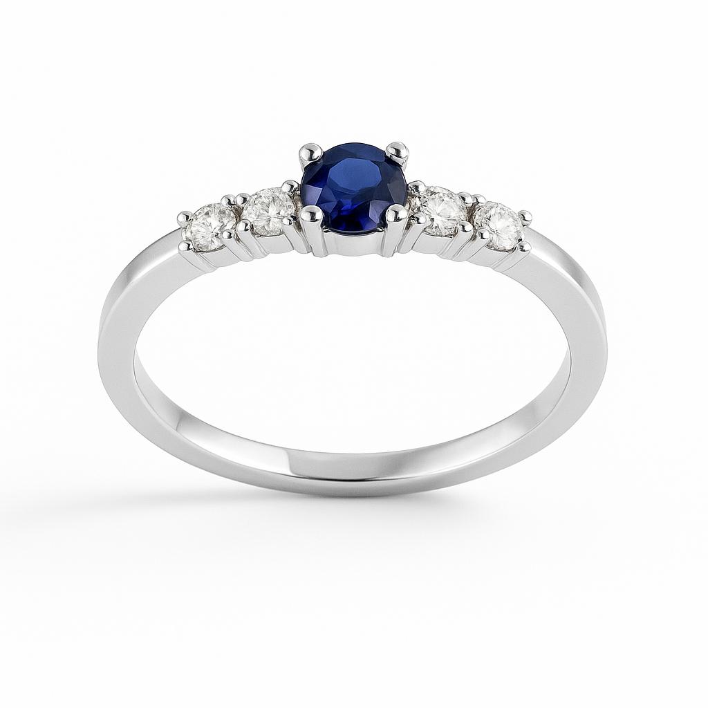 Anillo con Diamantes y Zafiro 0.14 cts en Oro blanco 18K