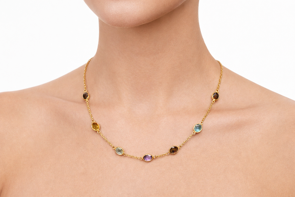 Colgante Oro Amarillo con Topacio Fumé, Topacio Azul, Amatista y Citrino (Piedras 8×5 mm)