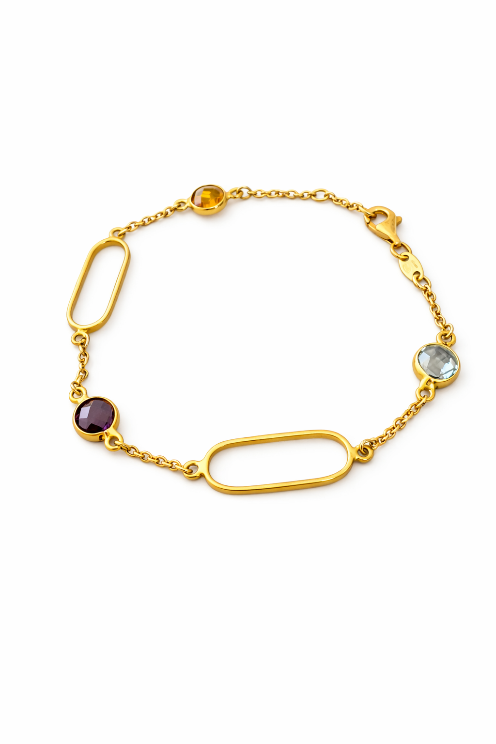Pulsera de oro amarillo con citrino, amatista y topacio azul