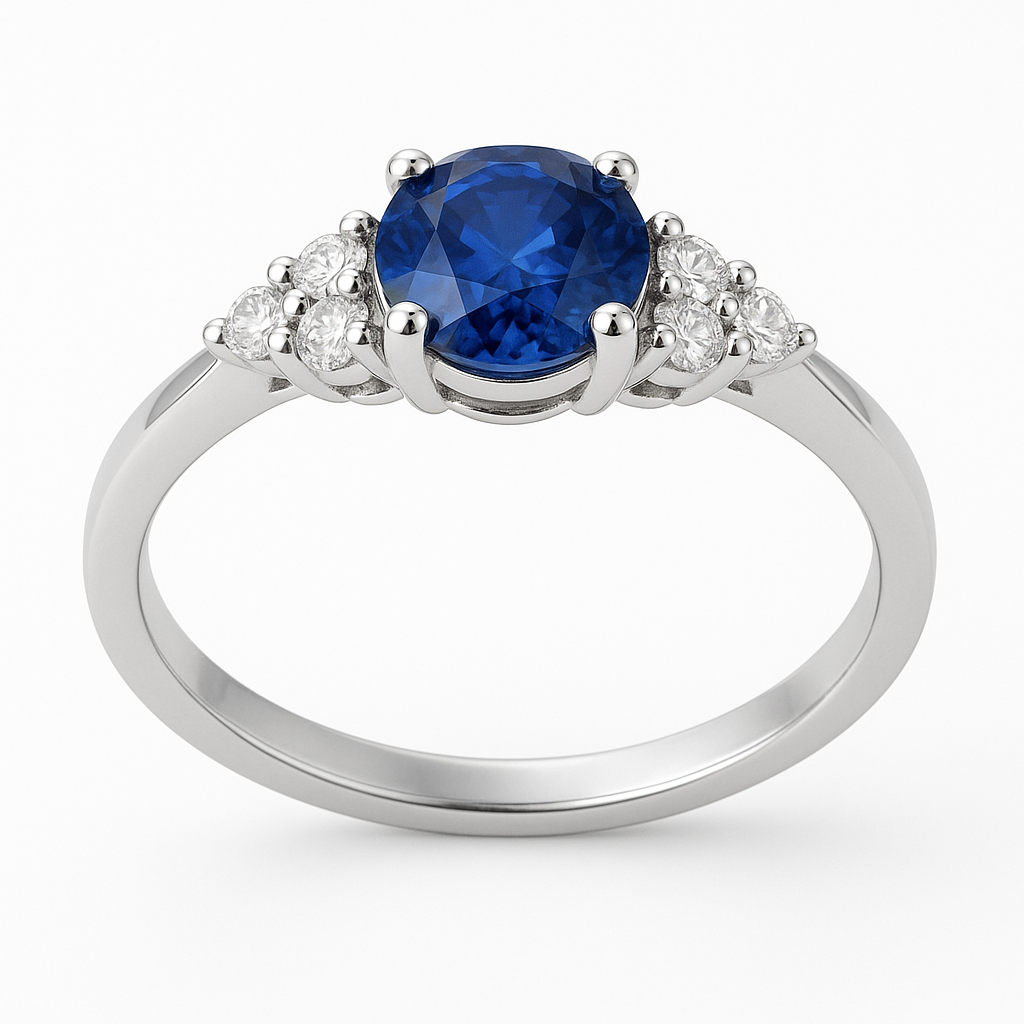 Anillo en Oro Blanco con Zafiro Azul y Diamantes