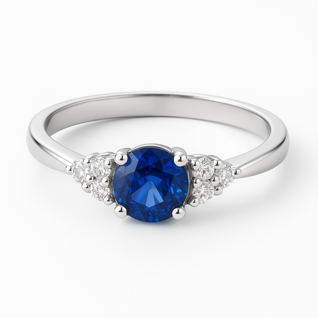 Anillo en Oro Blanco con Zafiro Azul y Diamantes