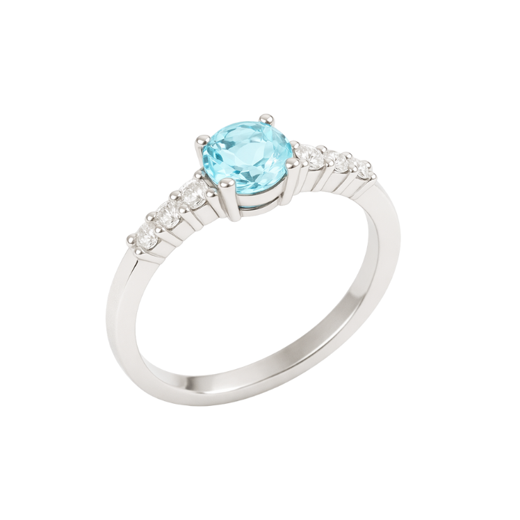 Anillo con Diamantes y Aguamarina 0.15 cts en Oro blanco 18K