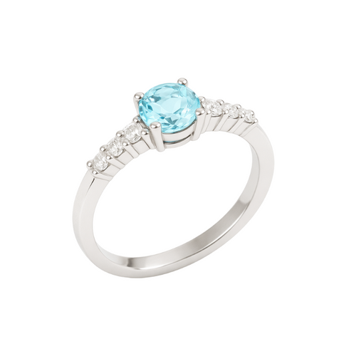 Anillo con Diamantes y Aguamarina 0.15 cts en Oro blanco 18K