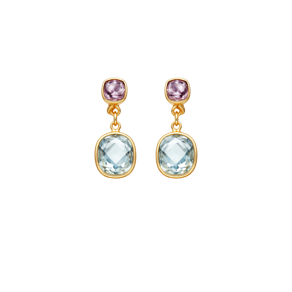 Aros Oro Amarillo con 2 Amatistas 5×5 mm y 2 Topacios Azules 8×8 mm