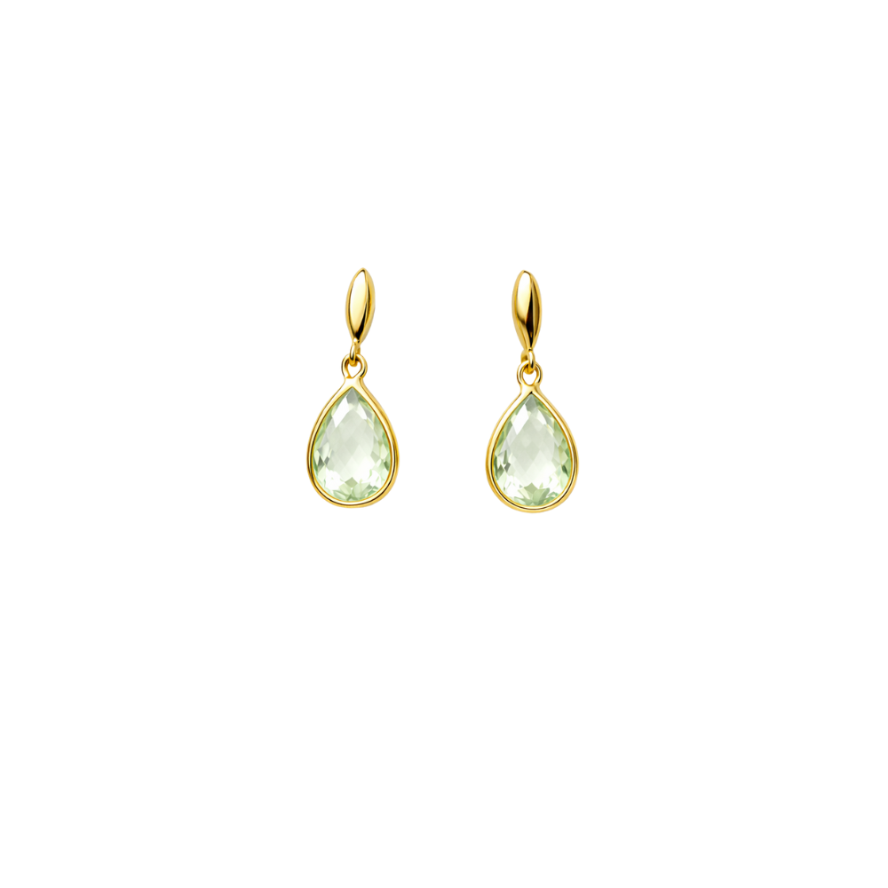 Aros Oro Amarillo 18K con 2 Amatistas Verdes Corte Pera 12×8 mm