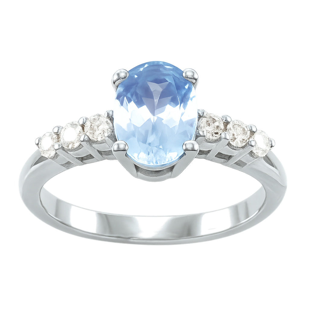 Anillo con Diamantes y Aguamarina 0.18 cts en Oro blanco 18K