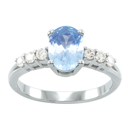 Anillo con Diamantes y Aguamarina 0.18 cts en Oro blanco 18K