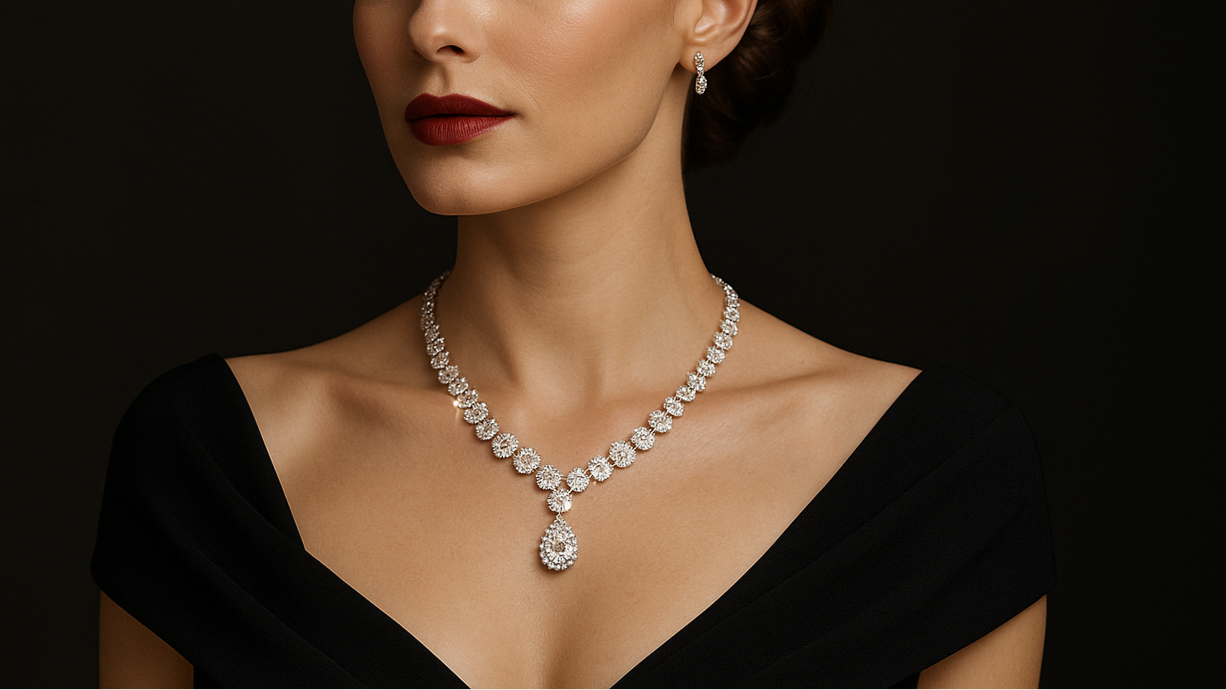 crea una mujer elegantecon una collar de diamante