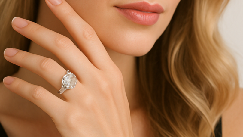 mujer rubia de 30 años mostrando un anillo